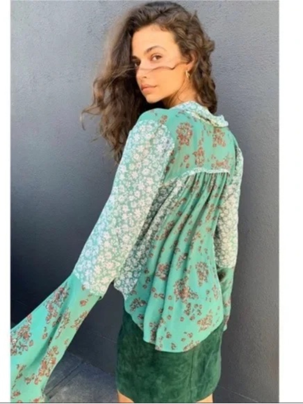 Free People Serena Emerald Green Sheer Floral Blouse Size Medium - Picture 9 of 11